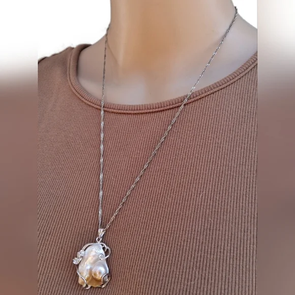 Sterling Silver & 18K Gold Plate Necklace w/ Natural Blister Pearl Pendant
